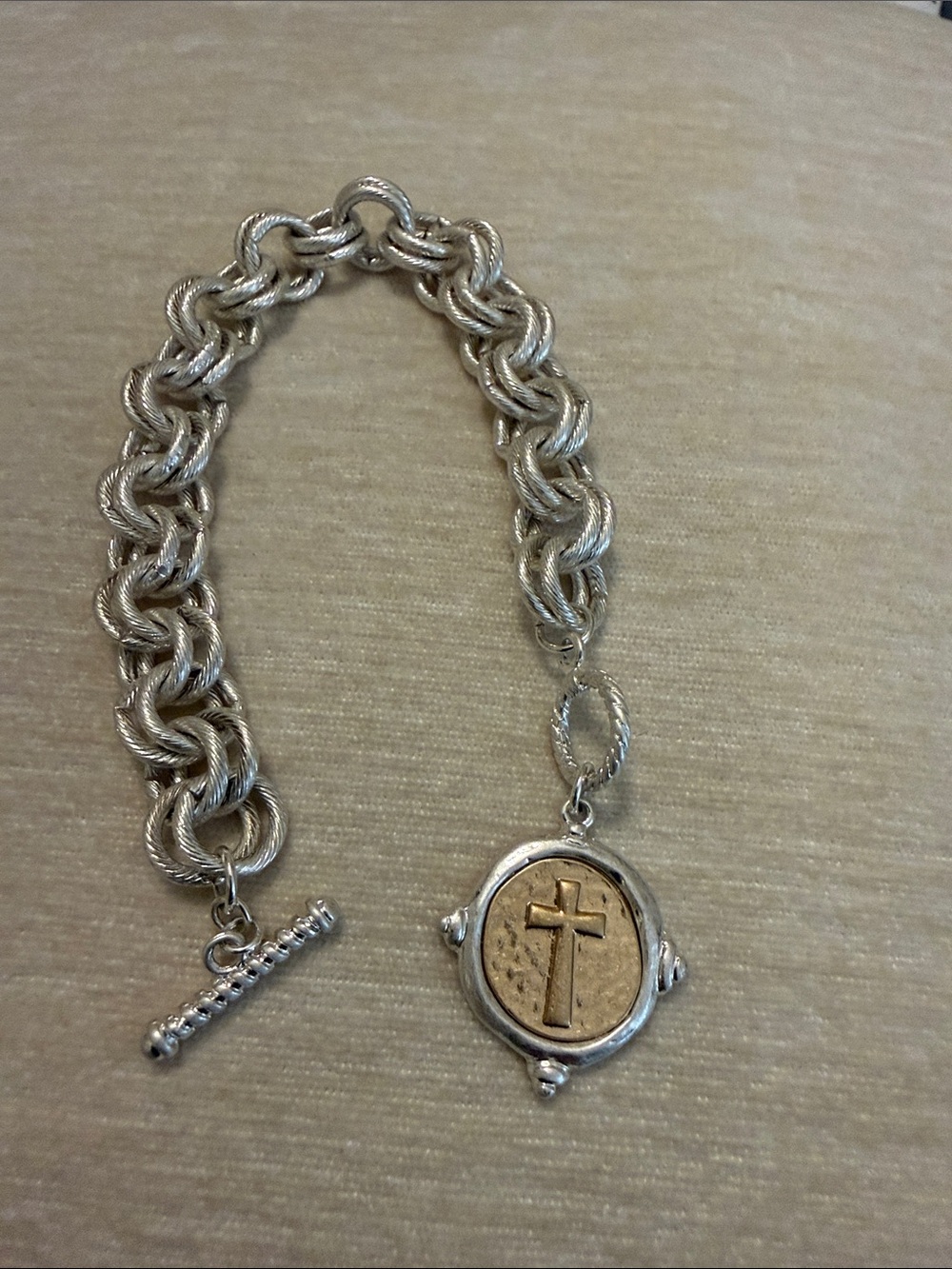 Silver-Tone Cross Medallion Chain Bracelet - Women Jewelry